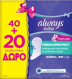 Always Dailies Fresh & Protect Normal Fresh Scent Σερβιετάκια για Κανονική Ροή 2 Σταγόνες 40τμχ & 20τμχ