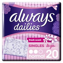 Dailies Singles To Go Normal Fresh Scent Σερβιετάκια για Κανονική Ροή 2 Σταγόνες 20τμχ Always