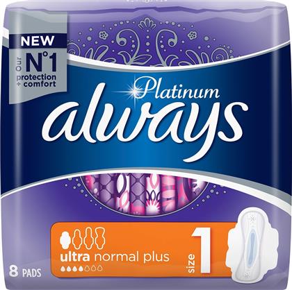 Platinum Ultra Normal Plus Σερβιέτες με Φτερά για Κανονική Ροή 4 Σταγόνες Μέγεθος 1 8τμχ Always